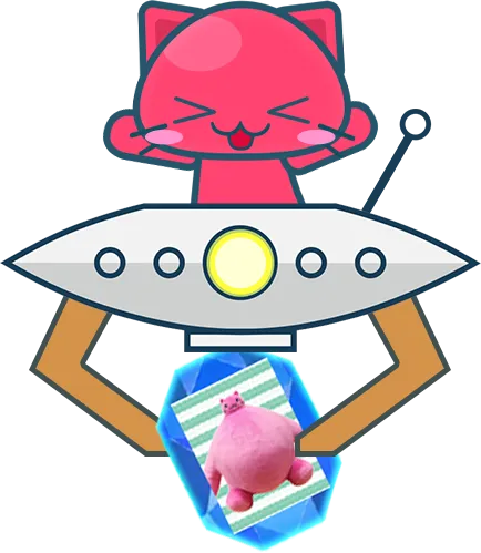 宇宙船のようなクレーンの中にいるピンクの猫のトレタくんがアームで商品を持ってゆらゆら嬉しそうにしている